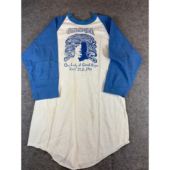 Vintage 80s Godspell Our Lady of Good Hope T Shirt Mens L White Raglan Sleeve - Picture 1 of 6